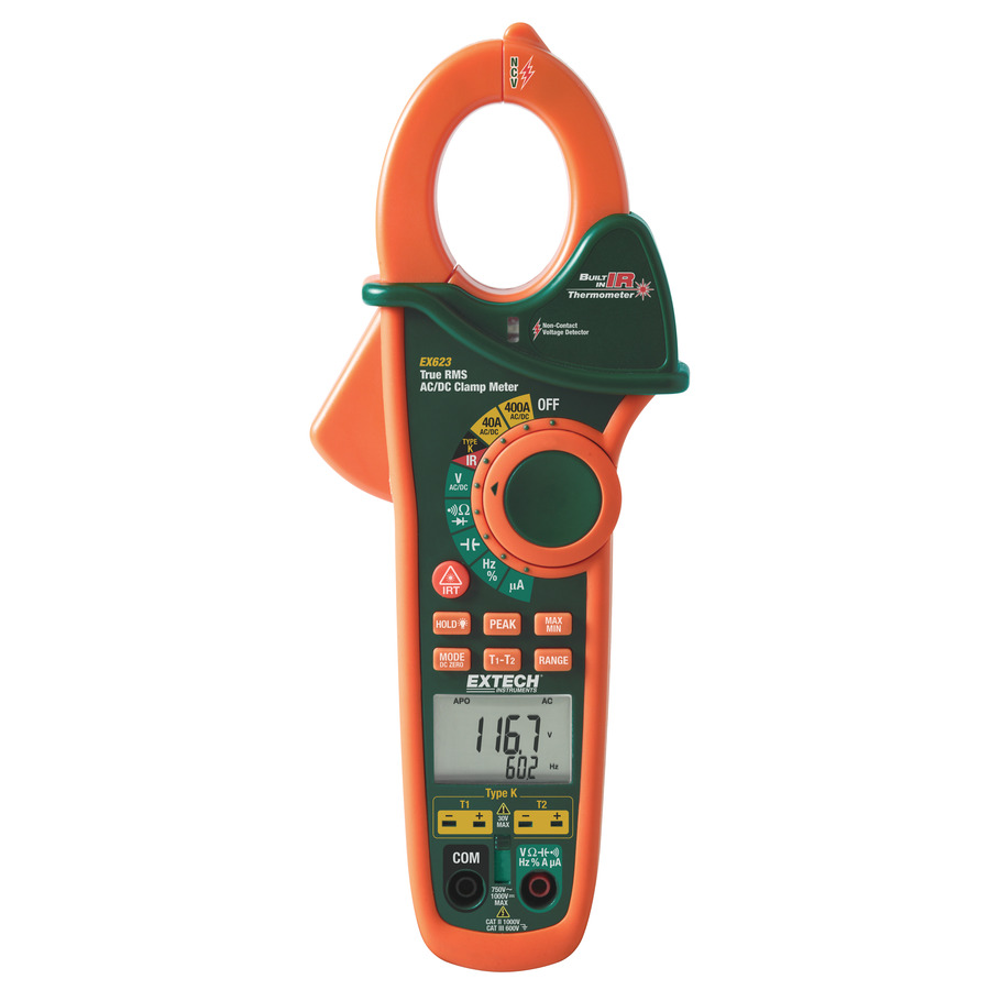 Extech EX623 Clamp Meter, AC/DC , 5 in 1, NCV Detector, Infrared Thermometer, True RMS, 400A