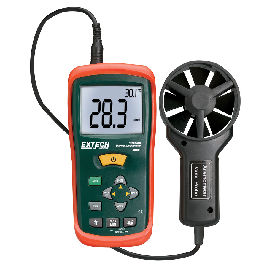 Extech AN100 Anemometer, CFM/CMM, Airflow/Temp, Compact, Large Display, Easy to Set, w/Case