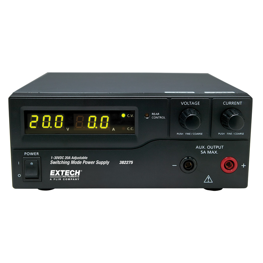 Extech 382275 DC Power Supply, Single Output, 30V, 20A, 600W, 120VAC, 382200 Series