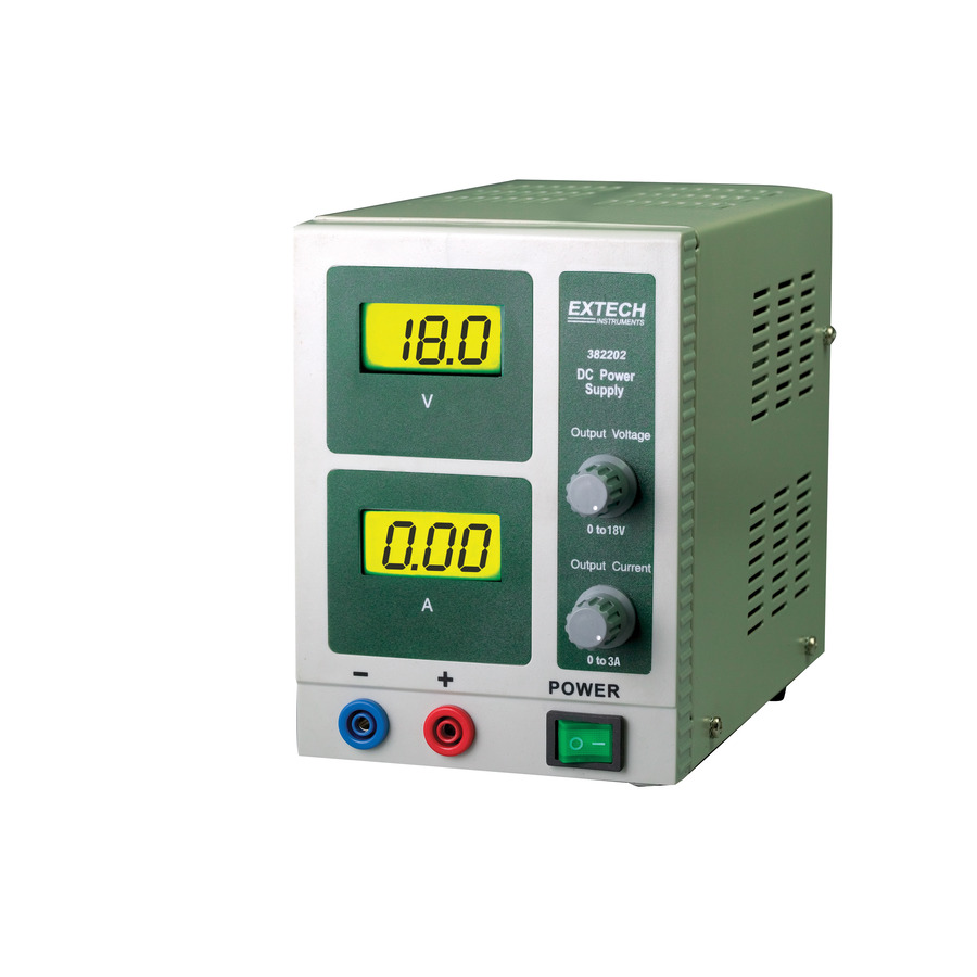 Extech 382202 DC Power Supply, Single Output, 18V/3A, Constant Voltage/Current, Digital, Dual LCD