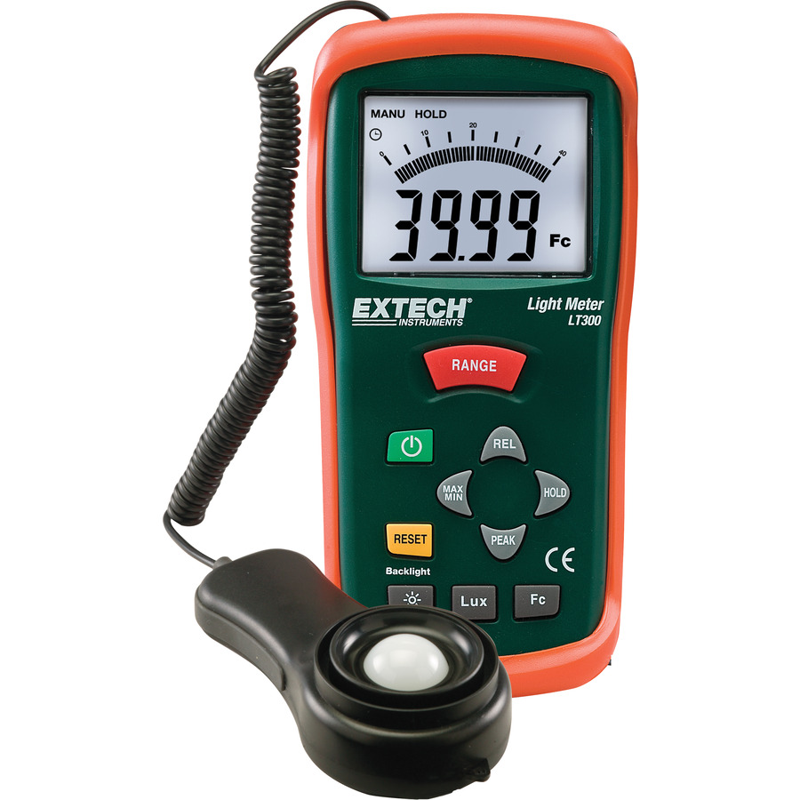 Extech LT300 Light Meter, Digital & Analog, Up to 40000Fc/400KLux, Remote Light Sensor, w/Filters