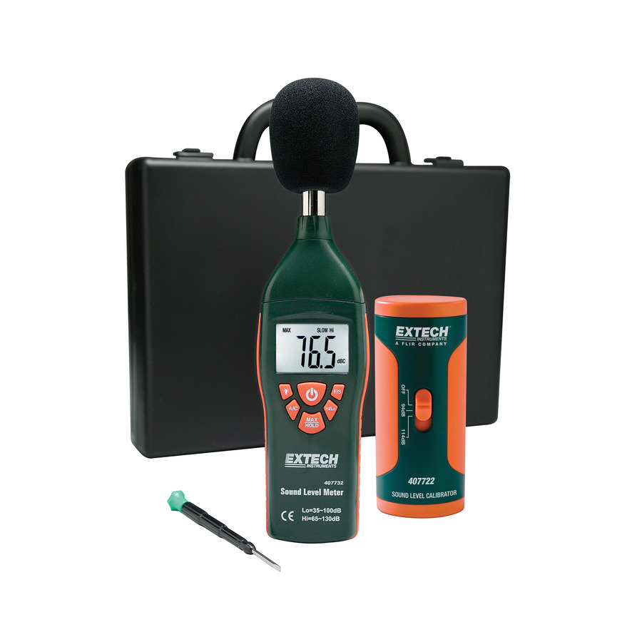 Extech 407732-KIT Sound Level Meter Kit, Low/High Range, Type 2, 35-130dB, 94dB Sound Calibrator