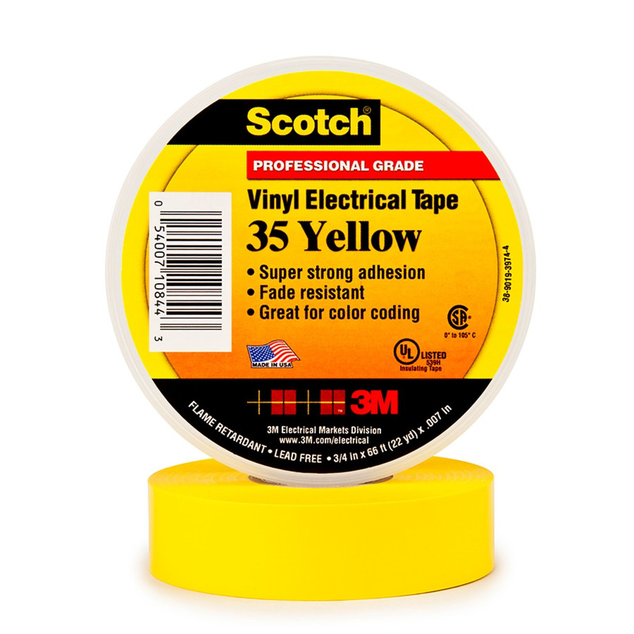 3M 7000006096 Vinyl Electrical Tape, Yellow, Professional Grade, 3/4" x 66'