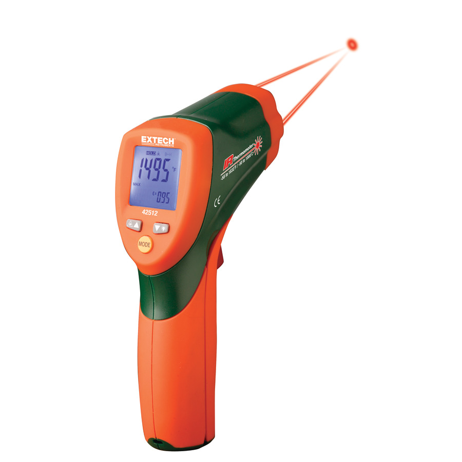 Extech 42512 Infrared Thermometer, Fast Response 30:1, Dual Laser, Backlit LCD, w/Case