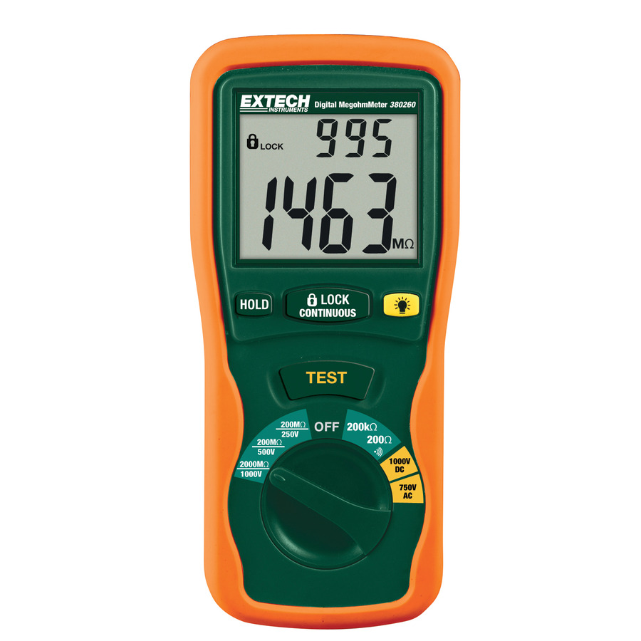 Extech 380260 Megohmmeter, Digital, Autoranging, 1000V, Large Dual Backlit Display, Data Hold