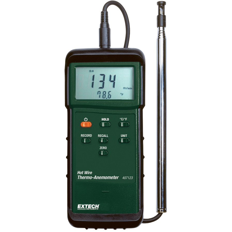 Extech 407123 Anemometer, Hot Wire, CFM/CMM, Airflow/Temperature, MIN/MAX Data, Telescoping Probe