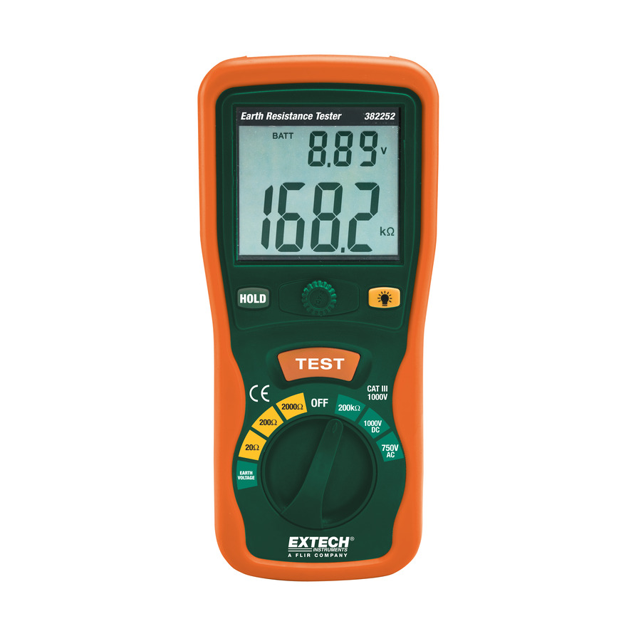 Extech 382252 Earth Ground Resistance Tester, Kit, 20-2000Ohm, Dual Display, AC/DC, Zero Adjustment