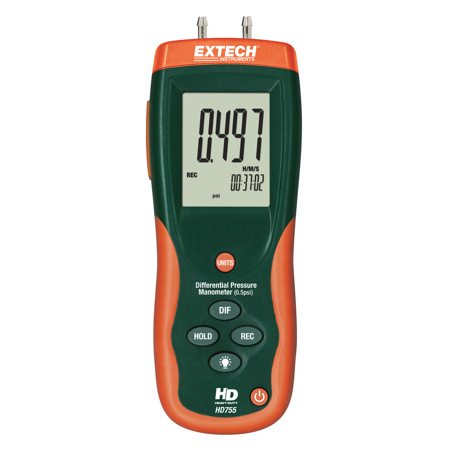 Extech HD755 Pressure Meter, Differential, Low Range, 0.5psi, High Resolution, 11 Units of Measure