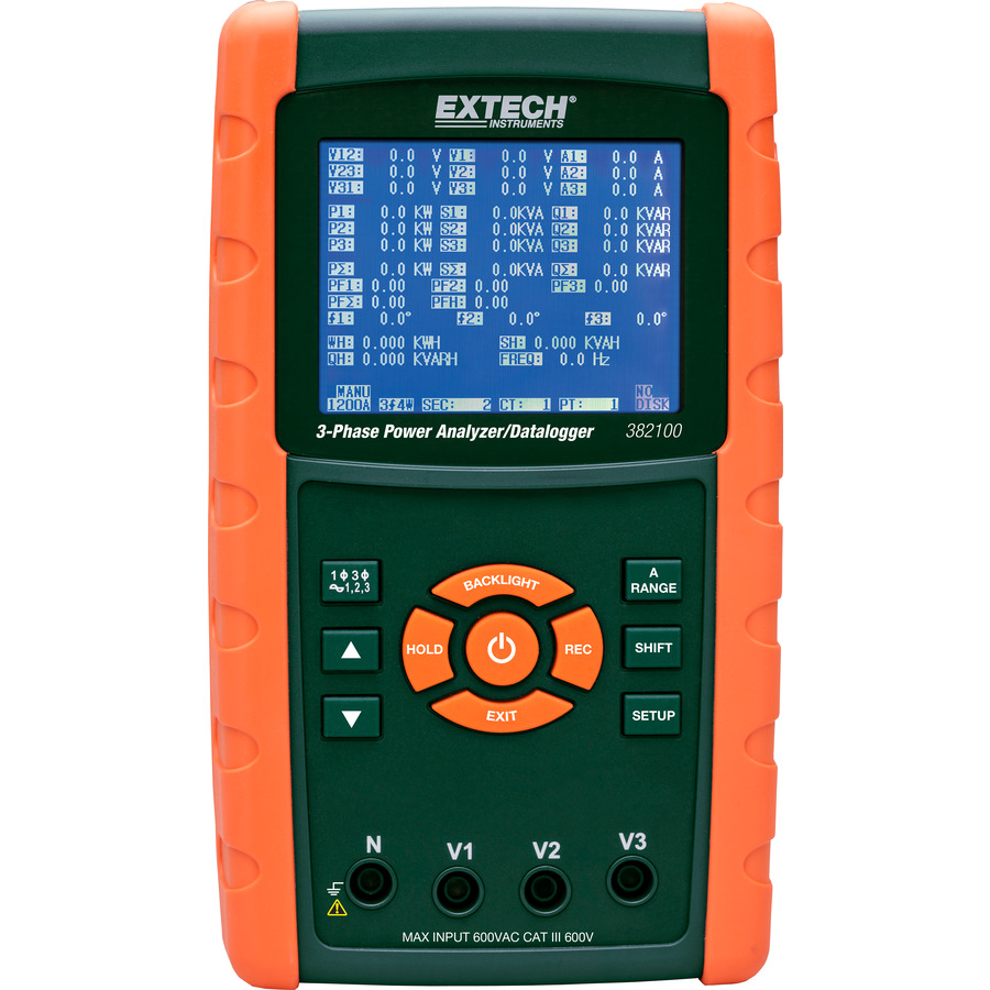 Extech 382100 Power Analyzer/Datalogger, SD Card, Excel, 35 Parameters, Large Display, 3-Phase