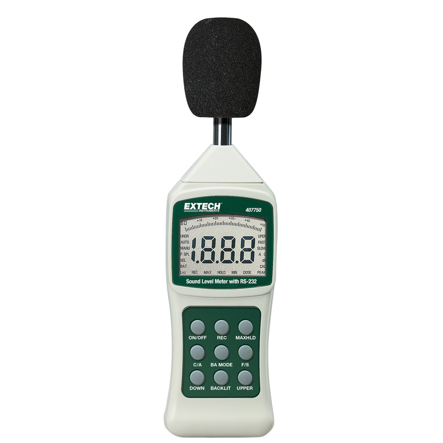 Extech 407750 Sound Level Meter, Type 2, Digital, 30-130dB, Data Hold, Backlit LCD, PC Interface