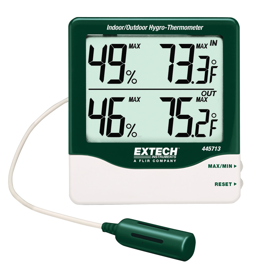 Extech 445713 Hygro-Thermometer, Big Digit, Large LCD Display, Indoor/Outdoor, Max/Min Data Hold