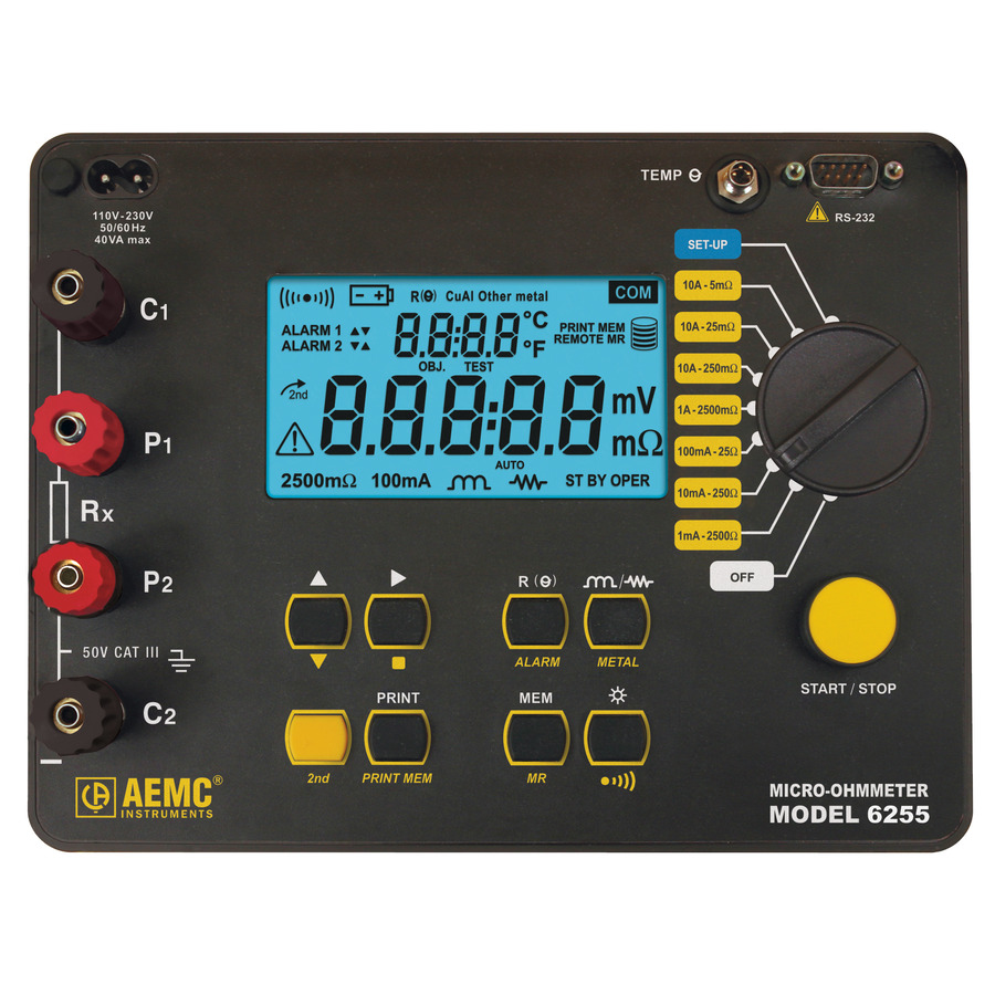 AEMC Instruments 6240 Micro-Ohmmeter, 10A, Instantaneous, Multi-Test, DataView, Kelvin Clips