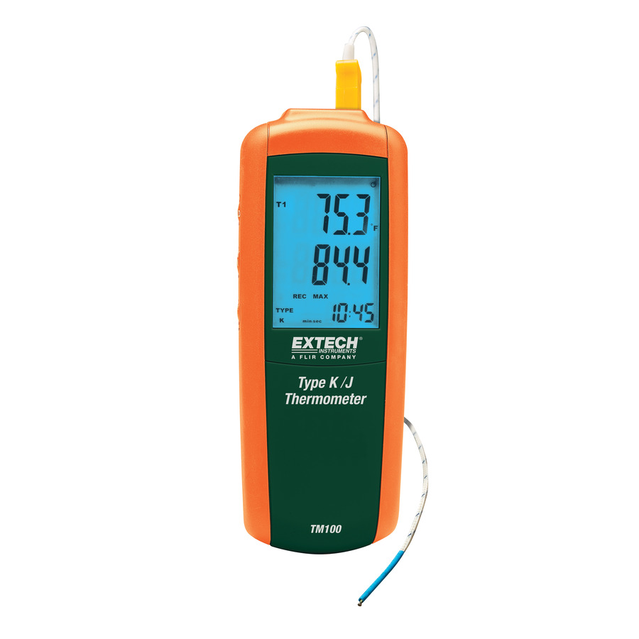 Extech TM100 Thermometer, Single Input, Type K/J, Compact, 1 Hand Operation, Wide Range, LCD