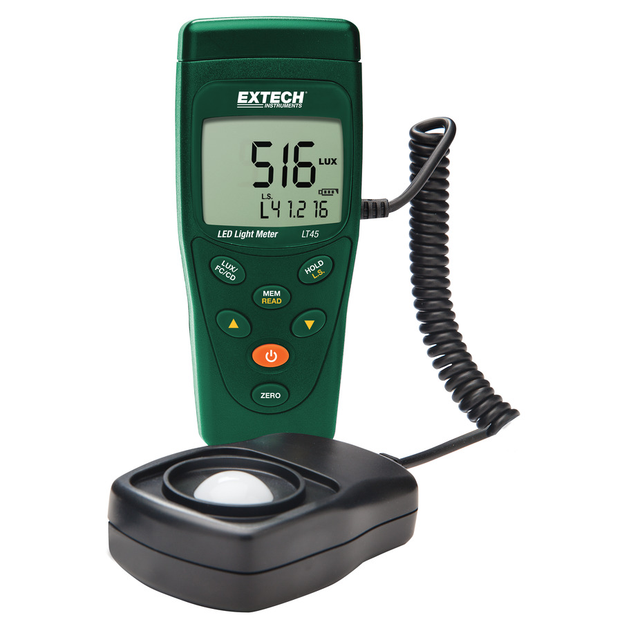 Extech LT45 Light Meter, Color/White LED, Foot-Candle/Lux, Max/Min Data Hold, Color Corrected