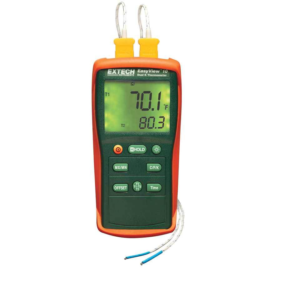 Extech EA10 Thermometer, Dual Input, Type K, Dual LDC, Memory Function, Compact, EasyView Series