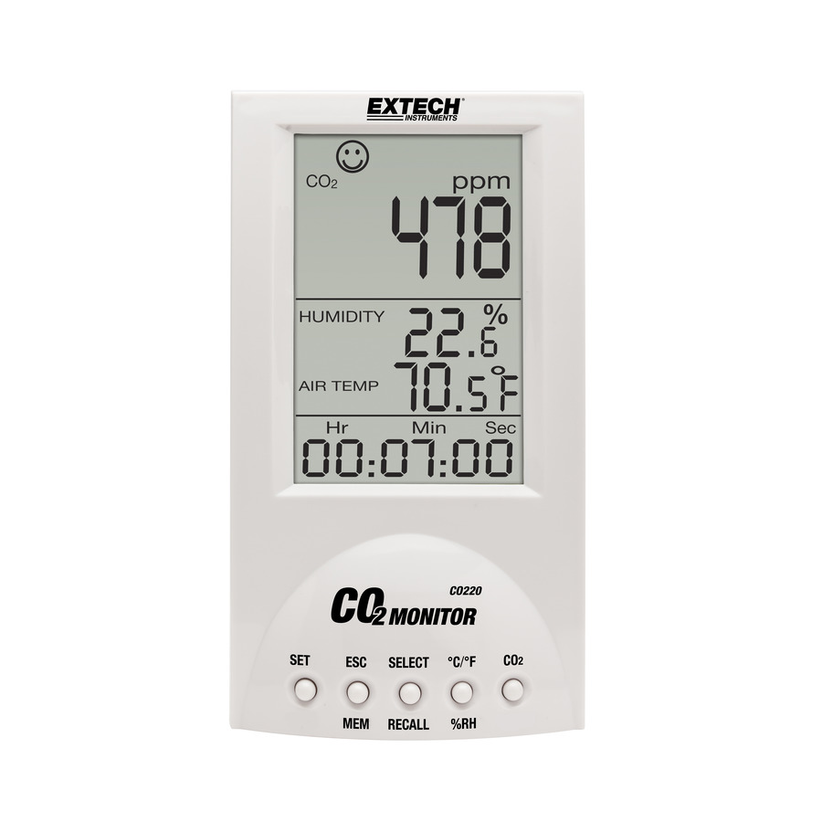 Extech CO220 Air Quality Meter, CO2 Monitor, Desktop, Indoor, Temp/RH/Dew Point, High/Low Alarm