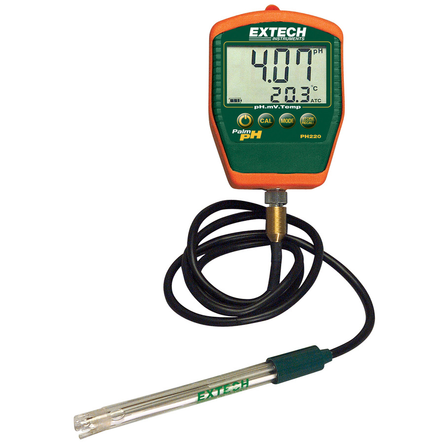 Extech PH220-C PH Meter, Waterproof, Palm Style, Compact, Large LCD Display, With Temperature