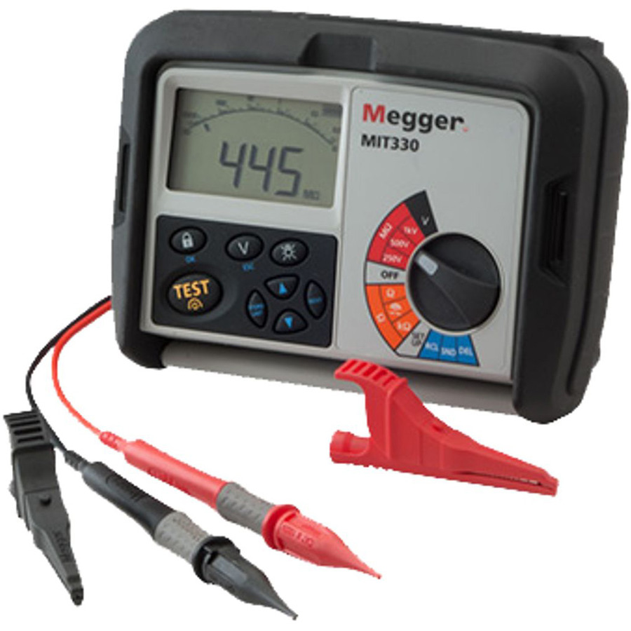 Megger MIT330 Insulation Tester, 1000 V, 500 V, 250 V, 999 MOhm, 3% Accuracy, USB, CAT III, MIT300 Series