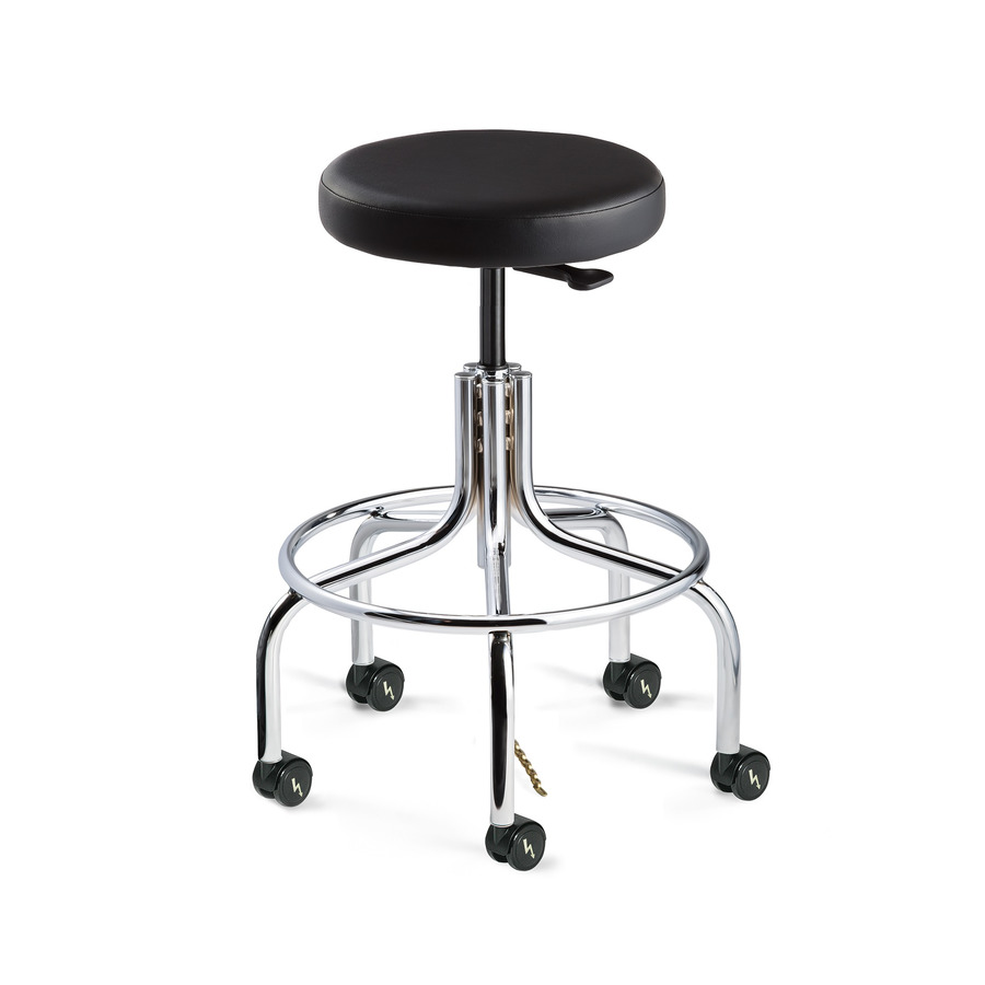 Bevco 3610E-V-BLK-CARD5S Vinyl Stool, ESD, Chrome Tubular Steel Base, Hard Floor Casters, Adj. Height, 25"-30", Versa Series