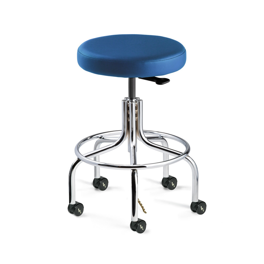 Bevco 3610E-V-BLU-CARD5S Vinyl Stool, ESD, Chrome Base, Blue, HF Casters, Adjustable Height 25"-30", Versa Series