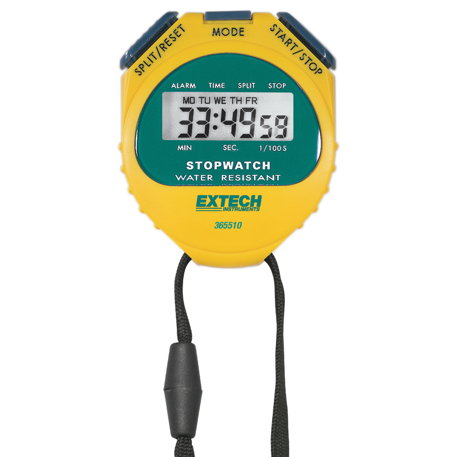 Extech 365510 Stopwatch/Clock, Digital, LCD, w/Calendar, Alarm, Water-Resistant, 12/24 Hour, w/NIST