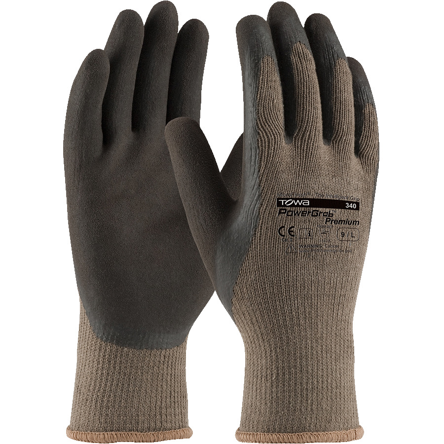 Towa 39-C1500/L Gloves, Seamless Knit, 10G Brown Cotton-Poly Blend, Brown Latex Coated MicroFinish Grip, Large