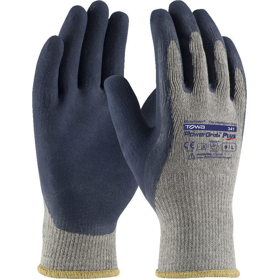 Towa 39-C1600/L Gloves, Seamless Knit, 10G Gray Cotton-Poly Blend, Blue Latex MicroFinish Grip, Large