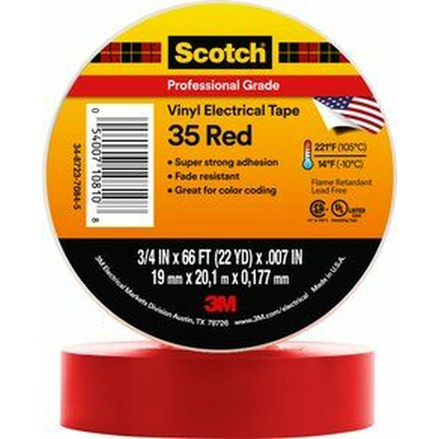 3M 7000006094 Tape, 35, Electrical Vinyl, Color Coding, Red, 3/4in x 66ft, 7 mil, 100 Rolls/Case