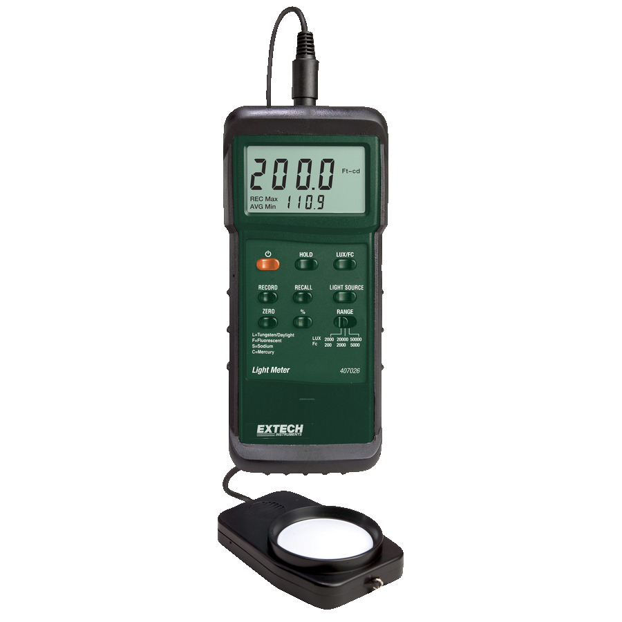 Extech 407026-NIST Light Meter, Foot Candle/Lux, Heavy Duty, PC Interface, 4 Lighting types, w/NIST