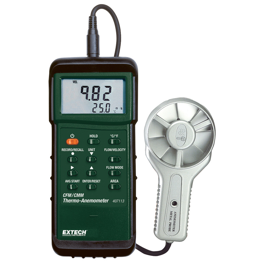 Extech 407113 Anemometer, Vane, CFM, Temp Up to 175 Deg F, Airflow Up to 6890ft/min, Heavy Duty