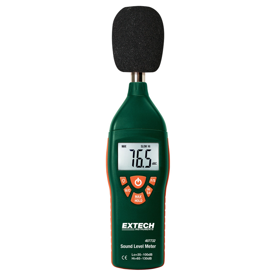 Extech 407732-KIT Sound Level Meter Kit, Low/High Range, Type 2, 35-130dB, 94dB Calibrator, w/NIST