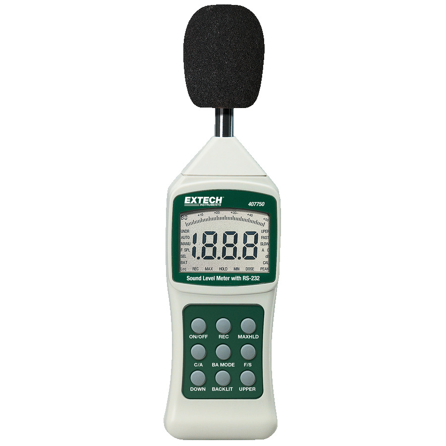 Extech 407750 Sound Level Meter, Type 2, Digital, 30-130dB, Data Hold, Backlit LCD, PC, w/NIST