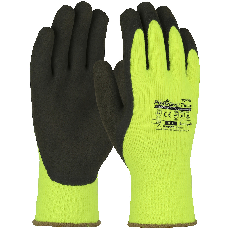 Towa 41-1405/L Gloves, Seamless Knit, 10G Hi-Vis Yellow Acrylic Liner, Brown Latex MicroFinish Grip, Large