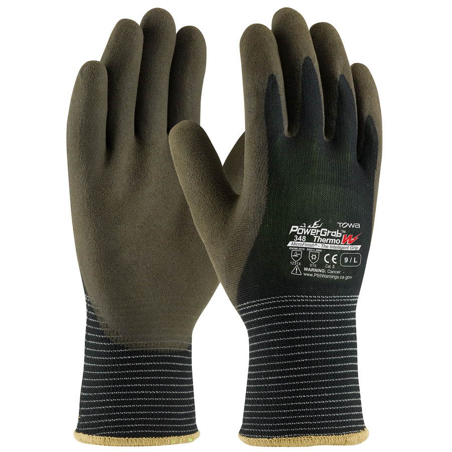 Towa 41-1430/L Gloves, Seamless Knit, 13G Polyester Shell, 10G Acrylic Liner, Brown Latex MicroFinish Grip, Large