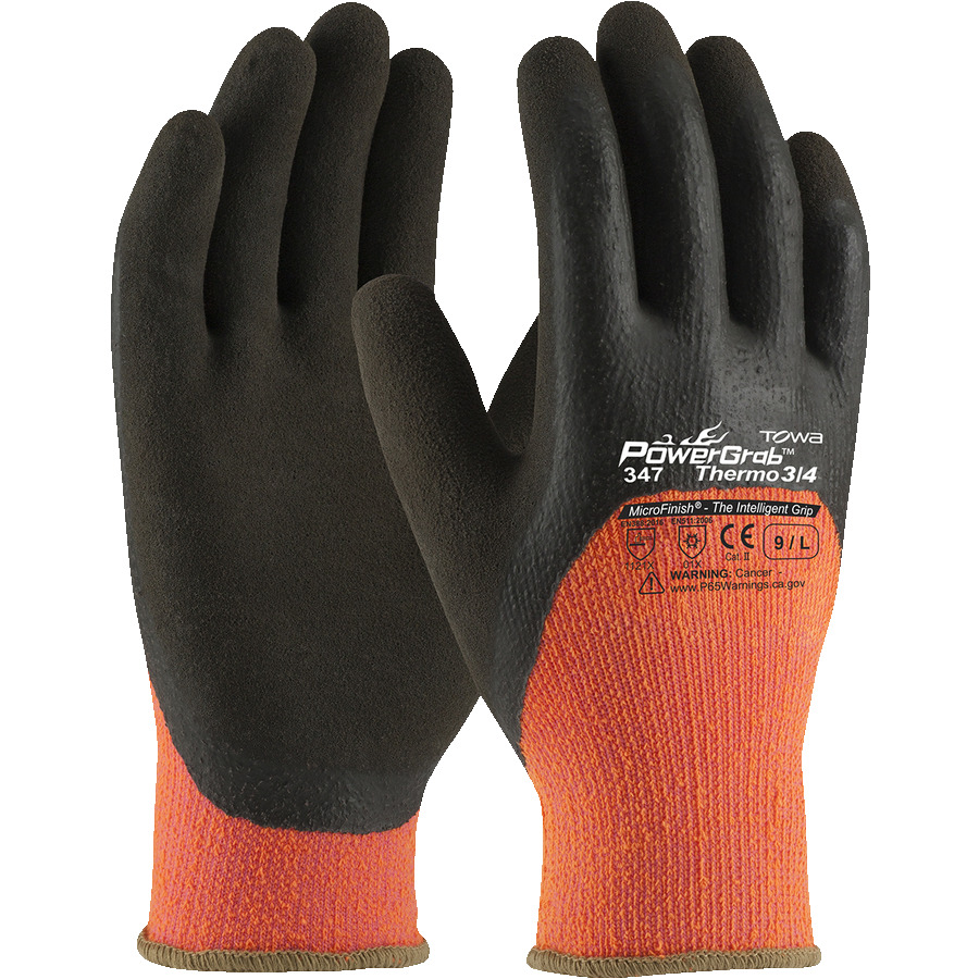 Towa 41-1475/M Gloves, Seamless Knit, 10G Hi-Vis Orange Acrylic Liner, Brown Latex MicroFinish Grip, Medium