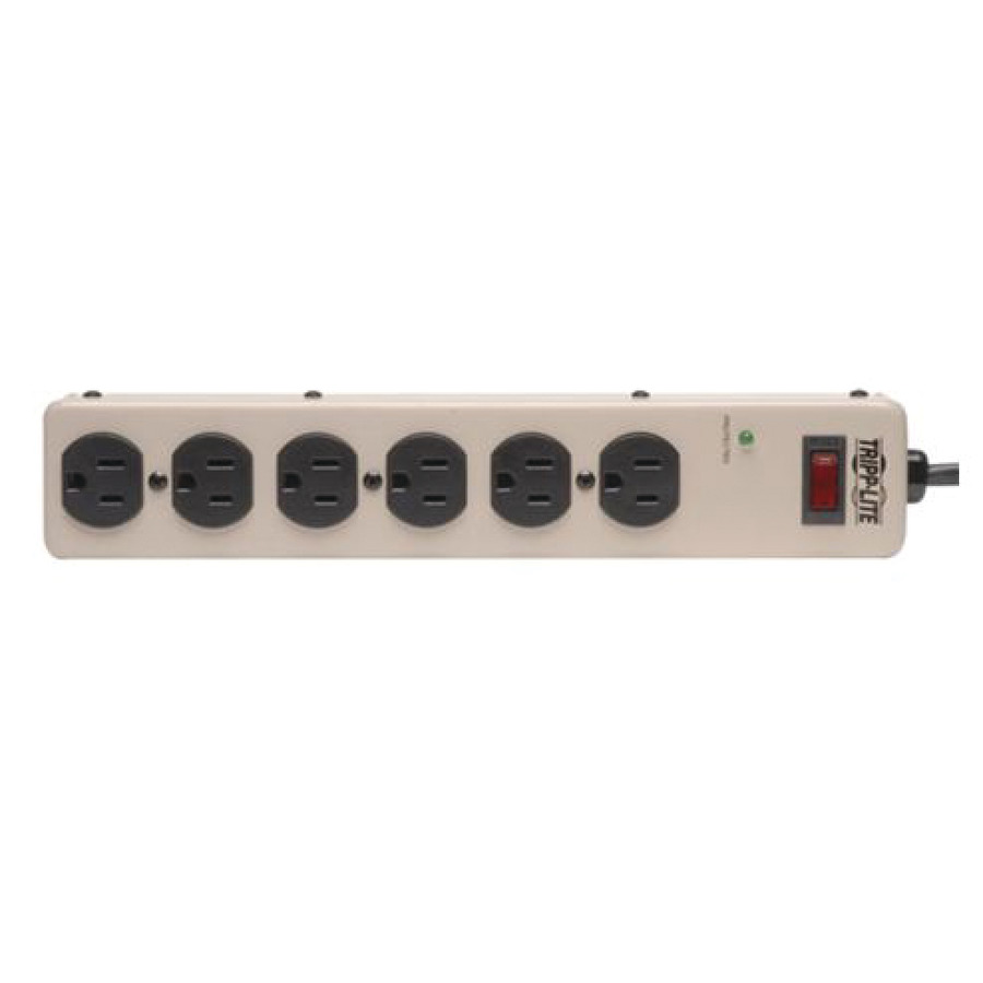 Tripp Lite PM6NS 900-Joule Commercial-Grade Surge Suppressor with illuminated On/Off switch, diagnostic LEDs, and a heavy-duty metal housing