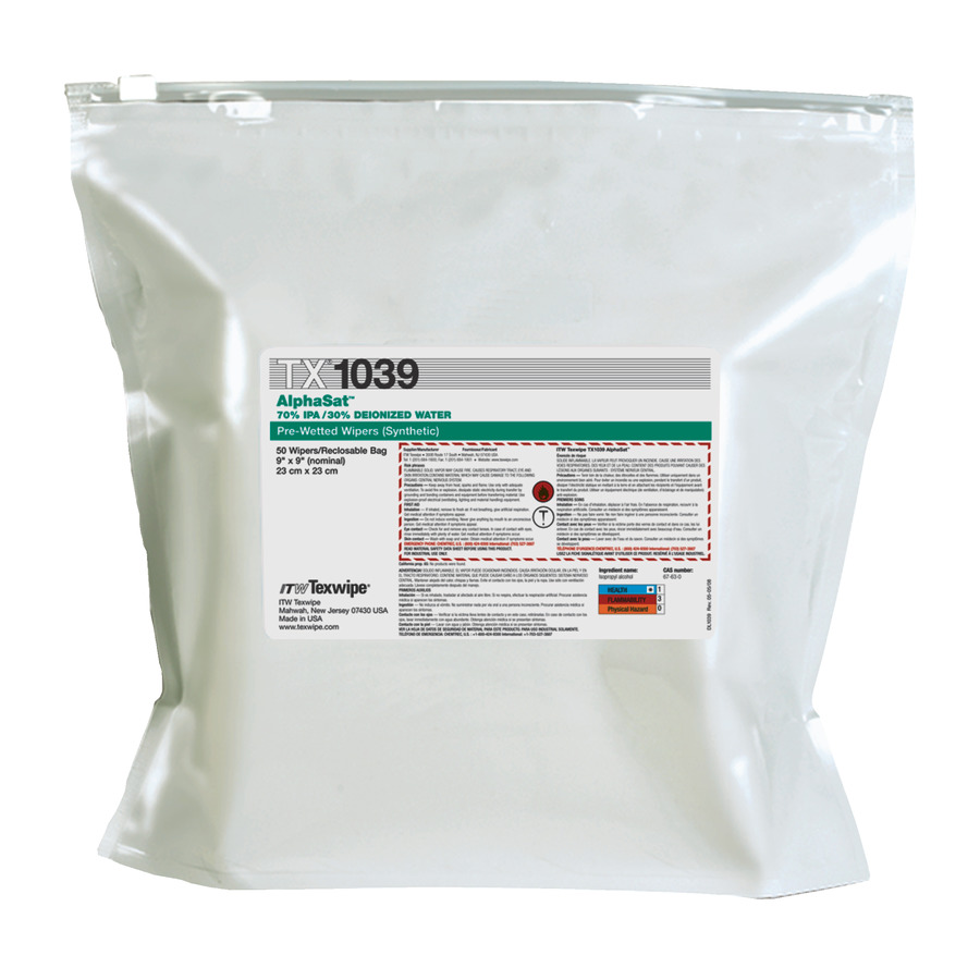 ITW Texwipe TX1039 Cleanroom Wipes, AlphaStat Presaturated 70% IPA/30% DI Water, 9"x9", 200 Wipes/Case