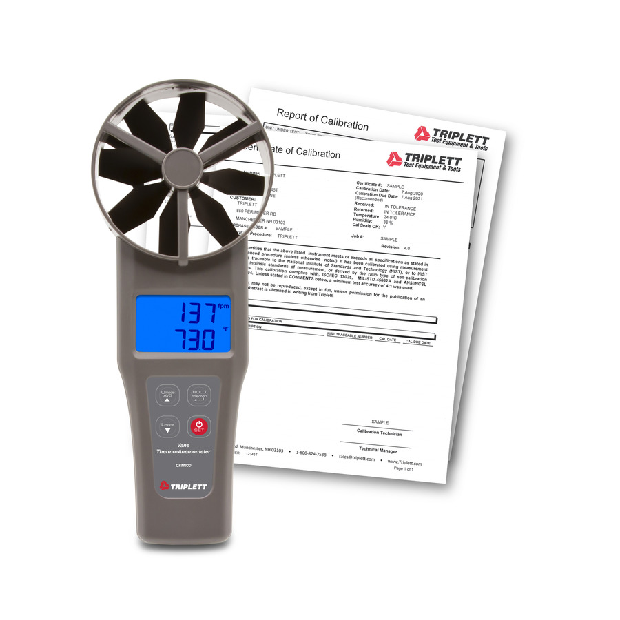 Triplett CFM400-NIST 4" Large Vane CFM/CMM Thermo-Anemometer with Cert. of Traceability to NIST