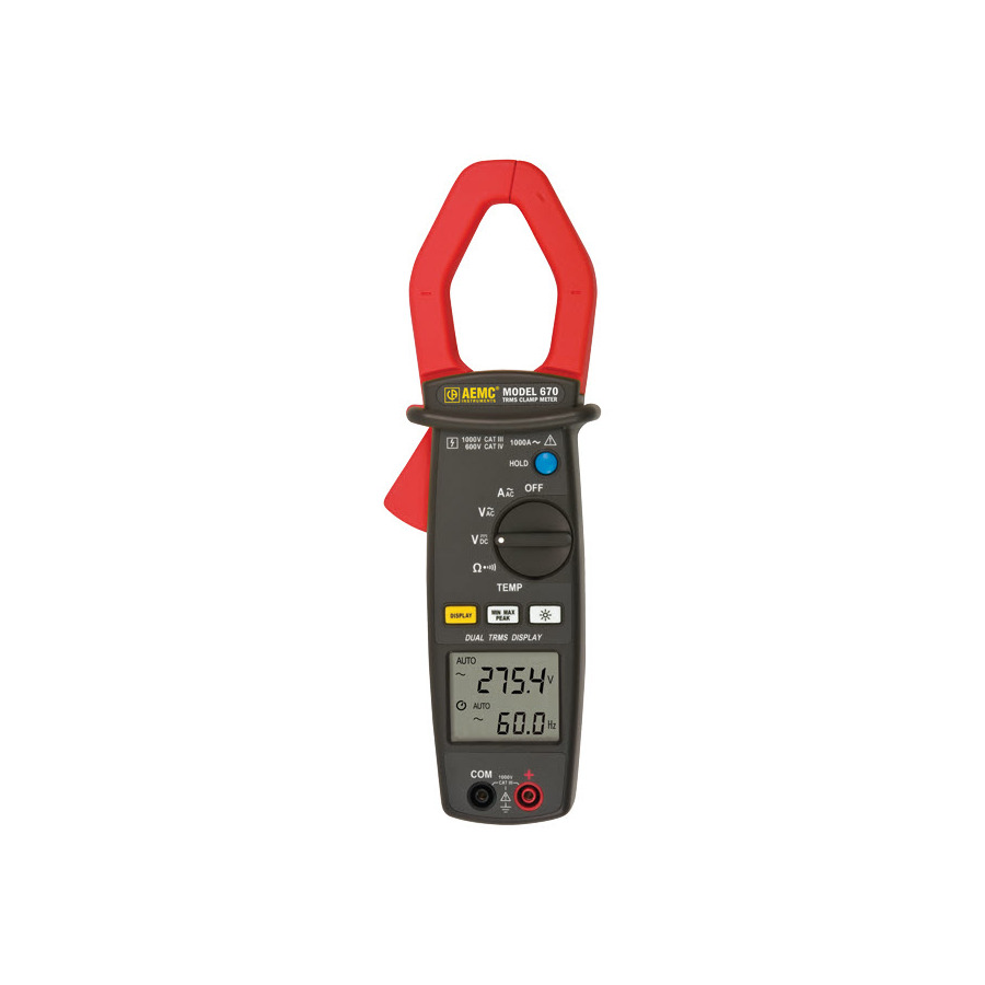 AEMC Instruments 670 AC TRMS Clamp Meter, 1000A, w/Case And Leads