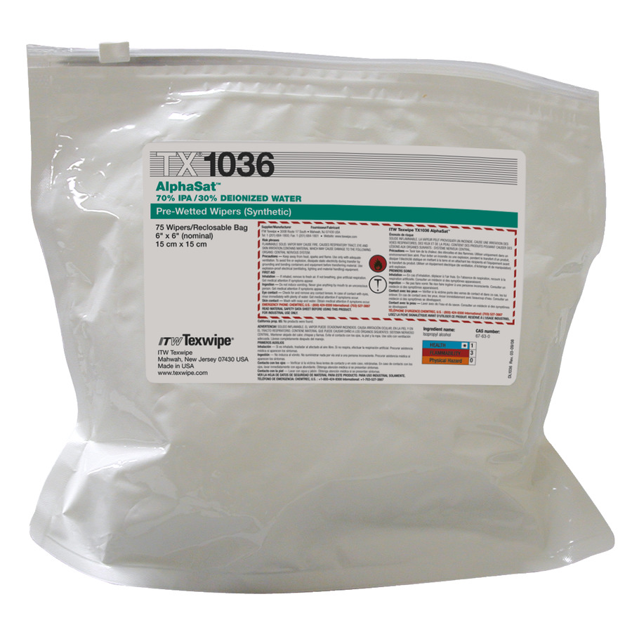 ITW Texwipe TX1036 Cleanroom Wipes, AlphaStat Presaturated 70% IPA/30% DI Water, 900 Wipes/Case