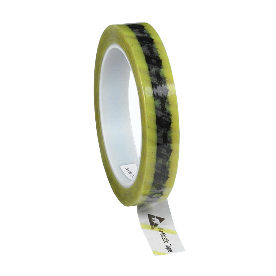 Desco 79276 Anti-Static Cellulose Tape, Clear With ESD Symbols And Yellow Stripe, 3/4" W x 72 Yards, 3" Core