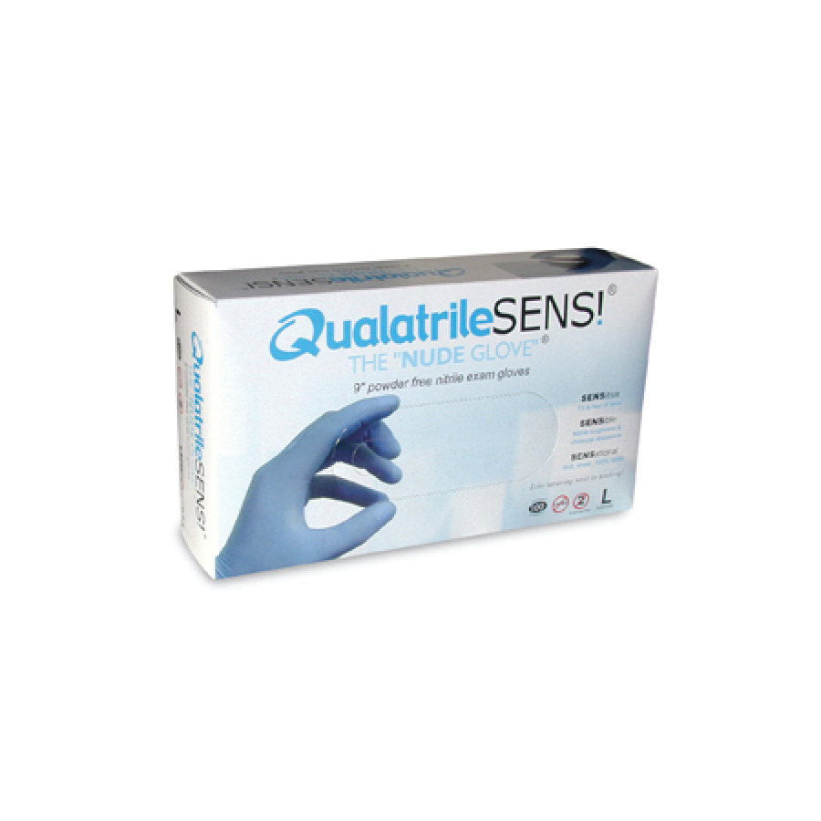 QRP SQBF09 Nitrile Gloves, Qualatrile SENS! Powder-Free Gloves, 3 mil, Blue, Small, 100/Box