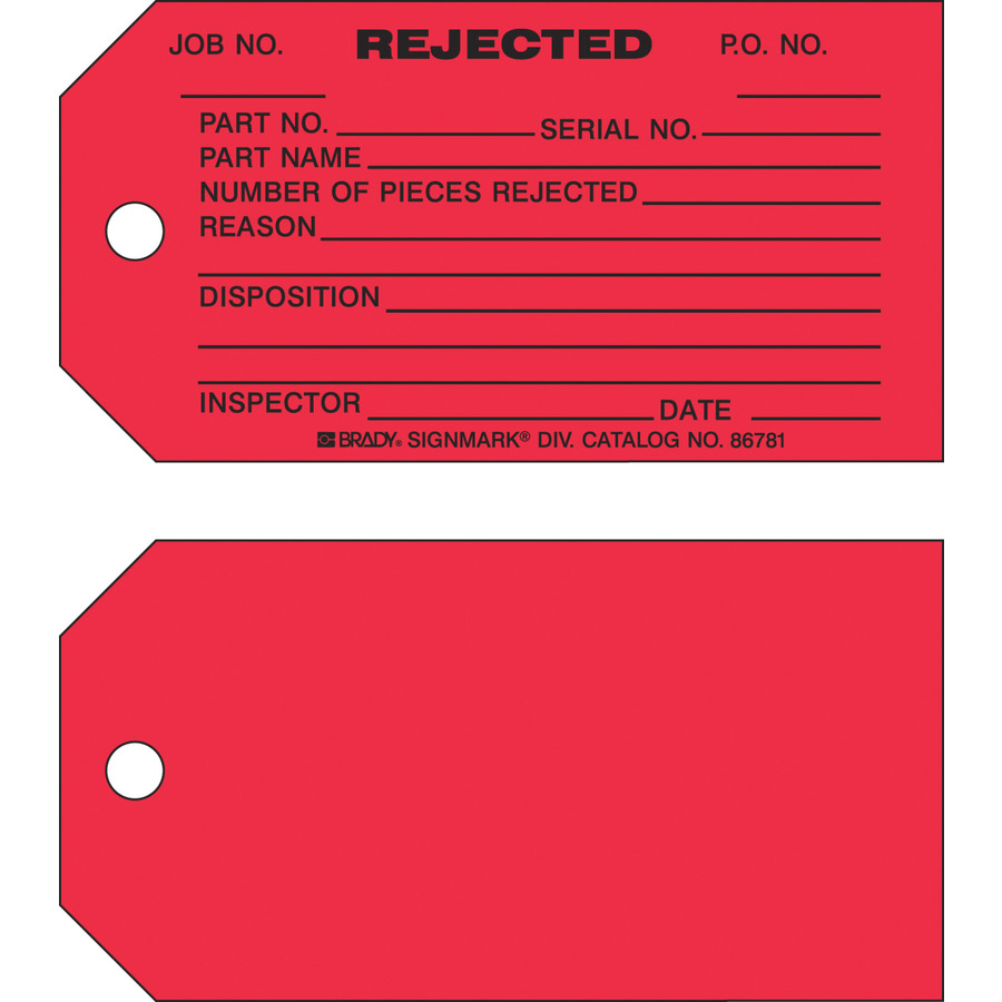 Brady 86781 Production Status Tags "REJECTED", 3" x 5-3/4", 100/Pkg