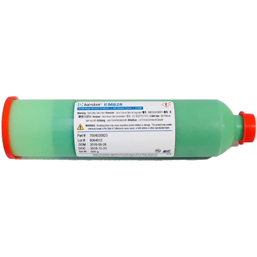 Kester 70-0403-0823 Solder Paste, Water Soluble, Lead Free, Sn96.5Ag3Cu.5 (SAC305), 89.5 %, T3, 500 g Cartridge, EM828 Series