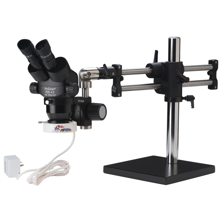 O.C. White TKPZE-F ProZoom® 4.5 Extended Working Distance Microscope with Ball Bearing Base, ESD Safe Standard; Fluorescent Ring Light