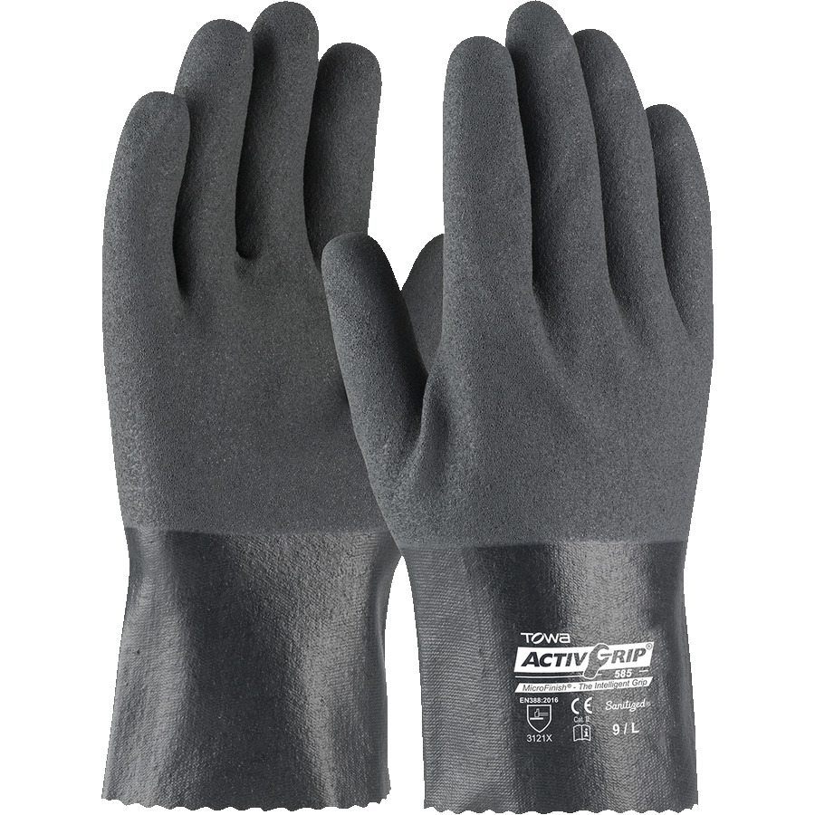 Towa 56-AG585/L Gloves, Chemical Resistant, Nitrile MicroFinish Grip, 15G Cotton-Poly Liner, 10in Length, Large