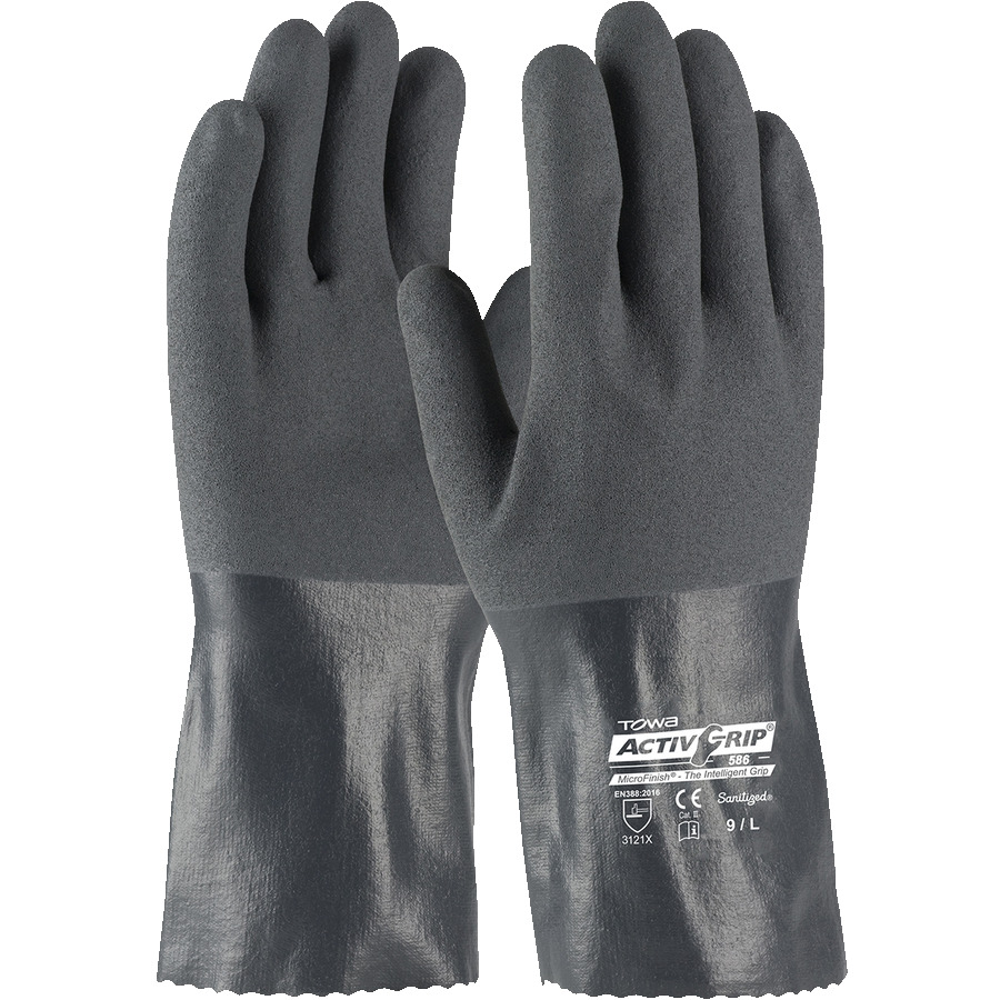 Towa 56-AG586/L Gloves, Chemical Resistant, Nitrile MicroFinish Grip, 15G Cotton-Poly Liner, 12in Length, Large