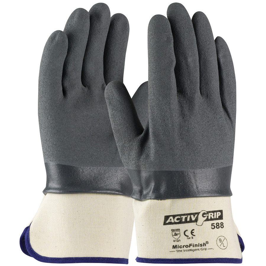 Towa 56-AG588/M Gloves, Chemical Resistant, Nitrile MicroFinish Grip, 15G Cotton-Poly Liner, Safety Cuff, Medium