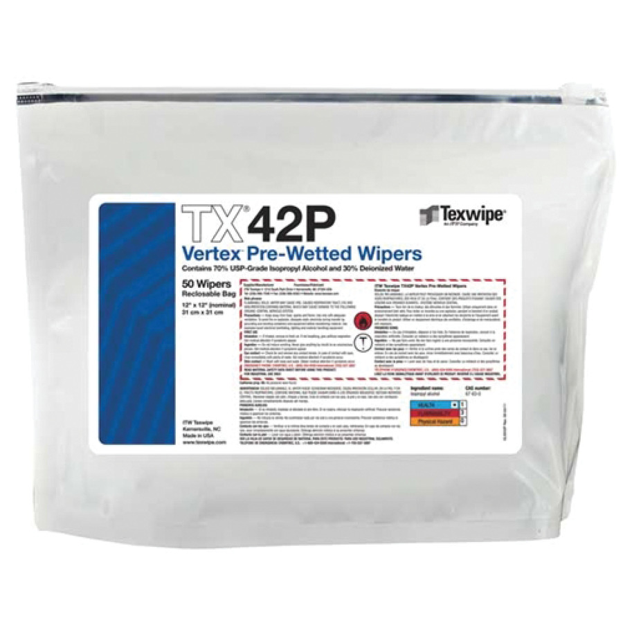 ITW Texwipe TX42P Cleanroom Wipes, Vertex Pre-Wet, 12"x12" w/70% USP Grade IPA, 200/Wipes