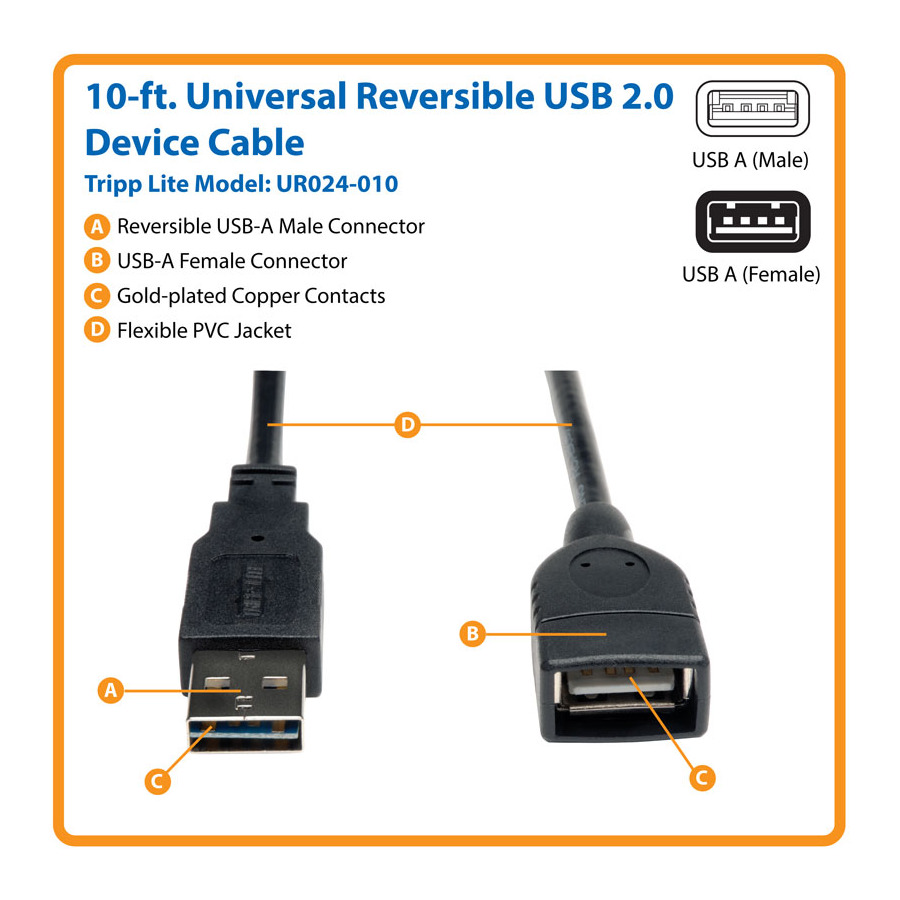 Tripp Lite UR024-010 Universal Reversible USB 2.0 Hi-Speed Extension Cable (Reversible A to A M/F), 10'